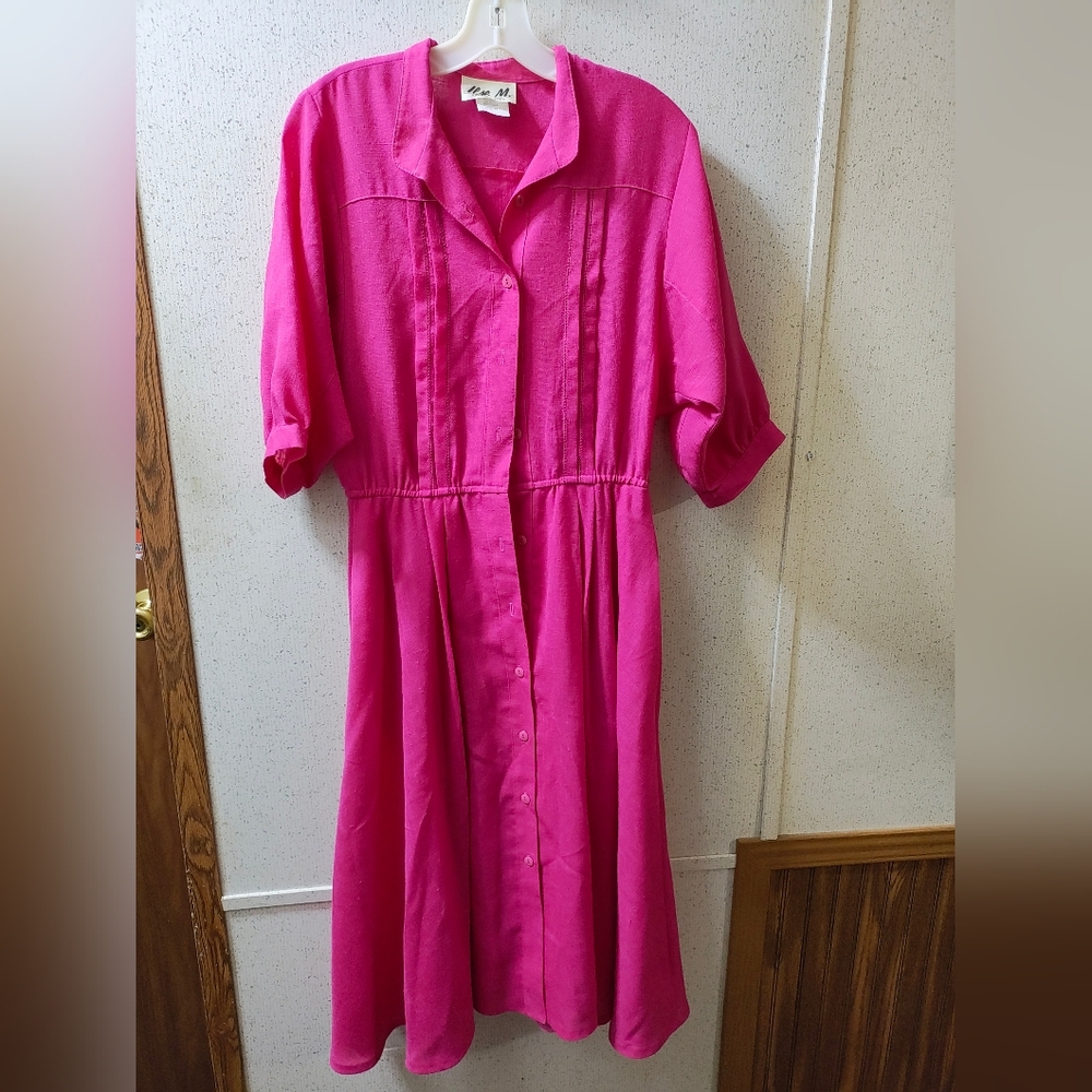 Vintage lese M. Maxi Length Dress 12 Hot Pink 80s Barbie Core Buttons Clean USA